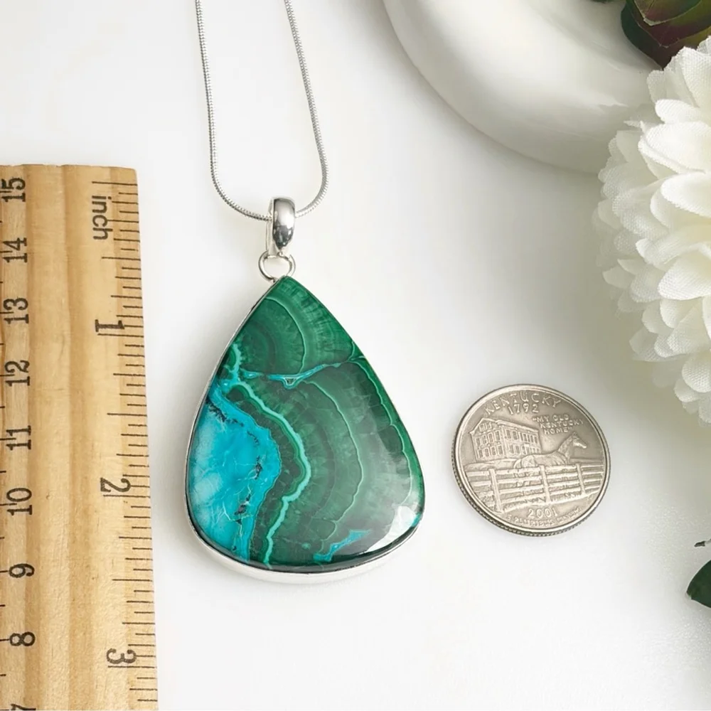 Pure Sterling Silver 925 XL Top Quality Malachite Chrysocolla Pendant Pear New